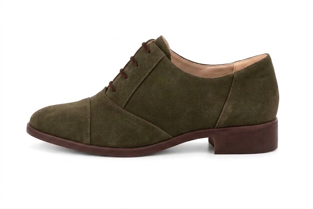 Timeless women's dress Oxfords crafted in smooth leather, offering sleek lines and sophisticated style for professional and smart attire, in olive green leather with round toe and chunky rubber lug sole - Florence KOOIJMAN